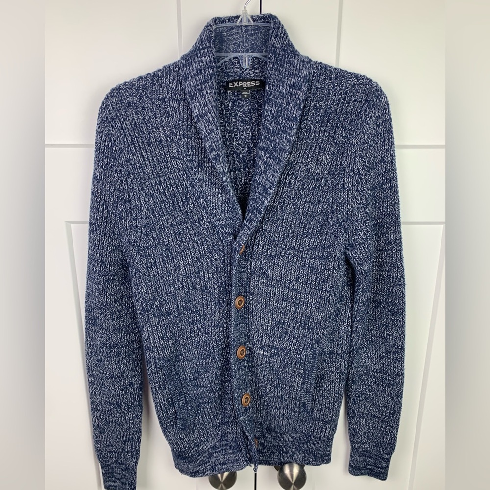 Express Men’s MEDIUM Cardigan Sweater Shaw Collar Blue Chunky Academia Heritage